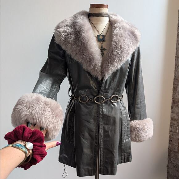 Vintage Blue Grey Leather Shearling Penny Lane Jacket Groovy Trench Coat Medium - Picture 1 of 9